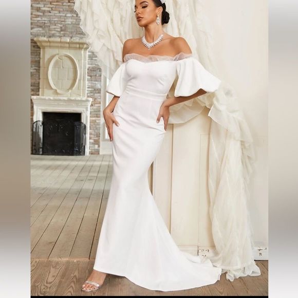 Giffniseti Off Shoulder Contrast Mesh Mermaid Hem Wedding Dress nwt - Picture 6 of 6